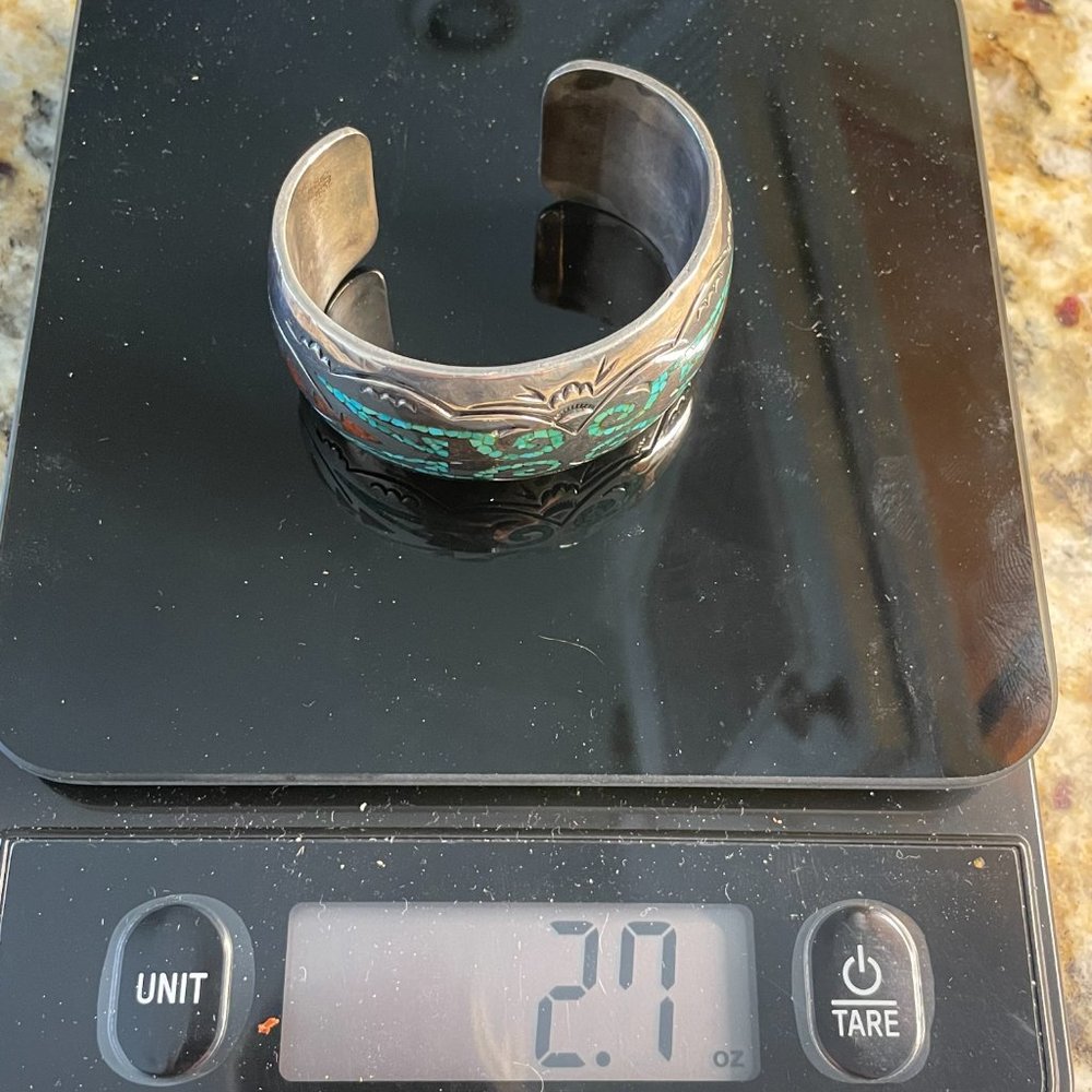 Vintage Silver Turquoise & Coral Inlay Cuff by Alfred Joe Navajo Tribe - Picture 16 of 16